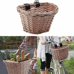 Evago Wicker D-shaped Bike Basket Hand-woven Shopping Basket Bicycle Handlebar Storage Basket With Leather